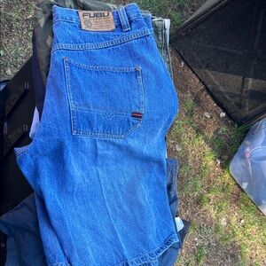 FUBU Men's Bright Blue Relaxed Jeans with Leather Waist Patch